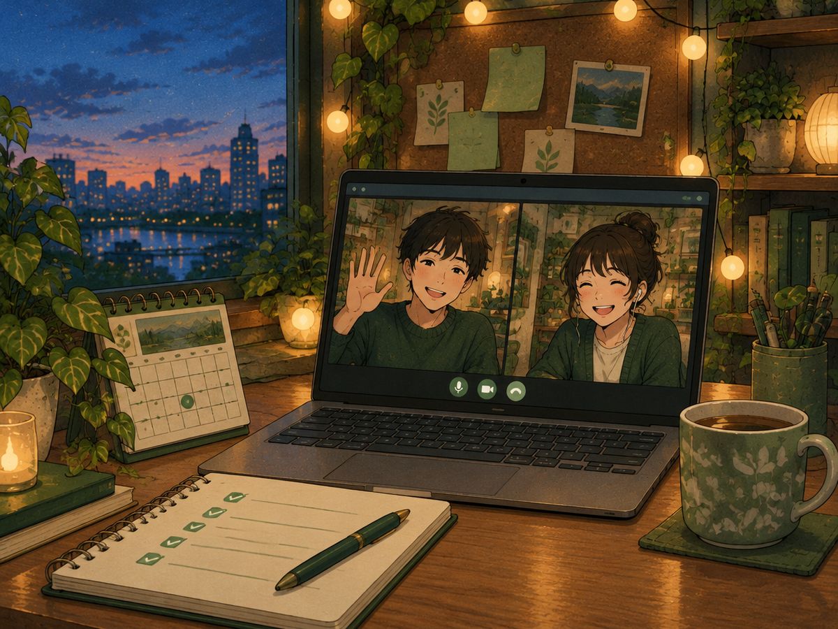 Two people wave on a video call next to a notebook full of green check marks