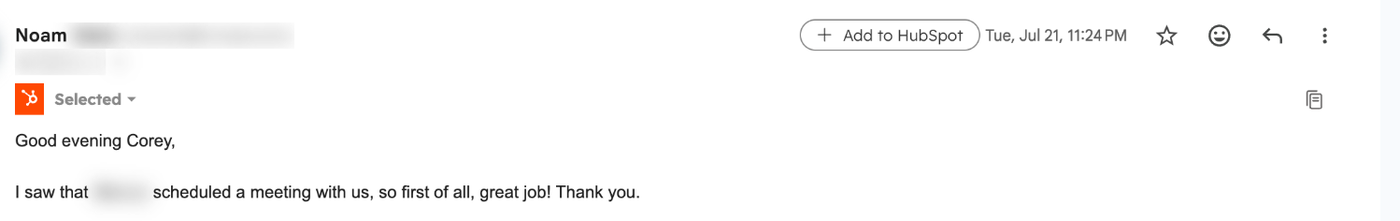 Screenshot of a real email, Jul 21, 2026, with names and faces blurred