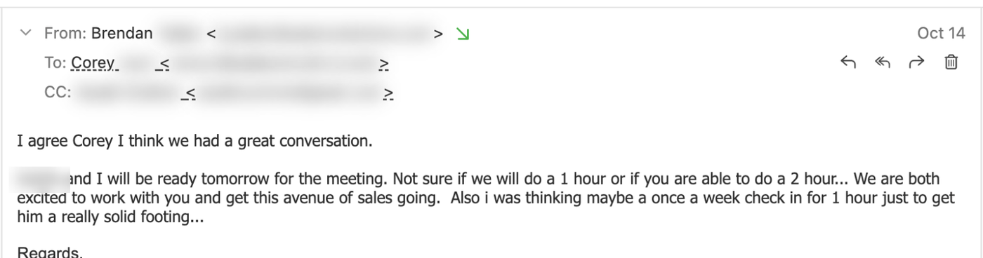 Screenshot of a real email, Oct 14, 2026, with names and faces blurred