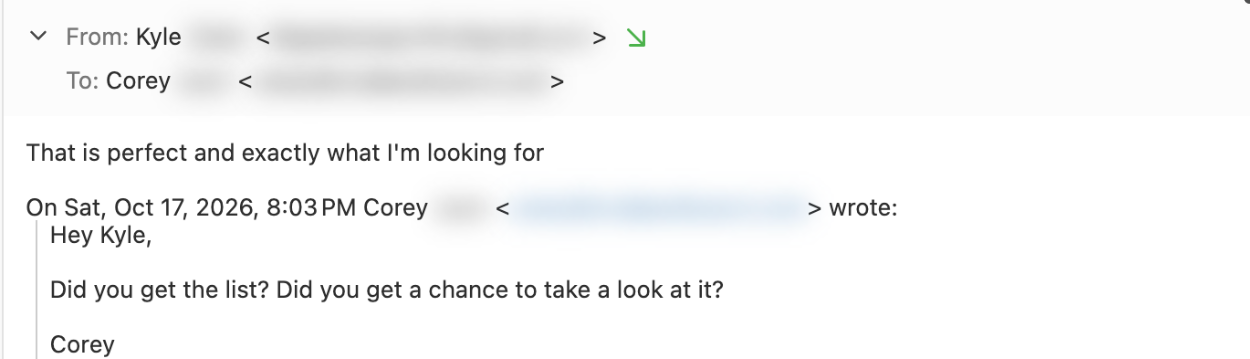 Screenshot of a real email, Oct 19, 2026, with names and faces blurred