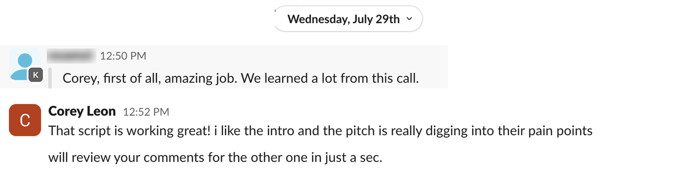 Screenshot of a real Slack message, Jul 29, 2026, with names and faces blurred