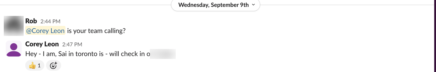 Screenshot of a real Slack message, Sep 9, 2026, with names and faces blurred