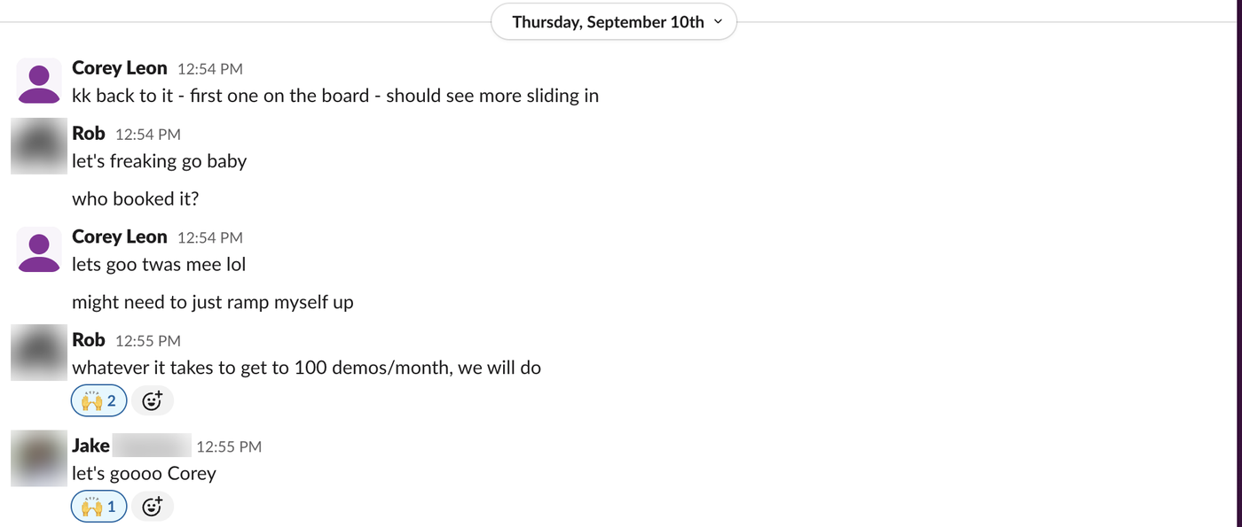 Screenshot of a real Slack message, Sep 10, 2026, with names and faces blurred