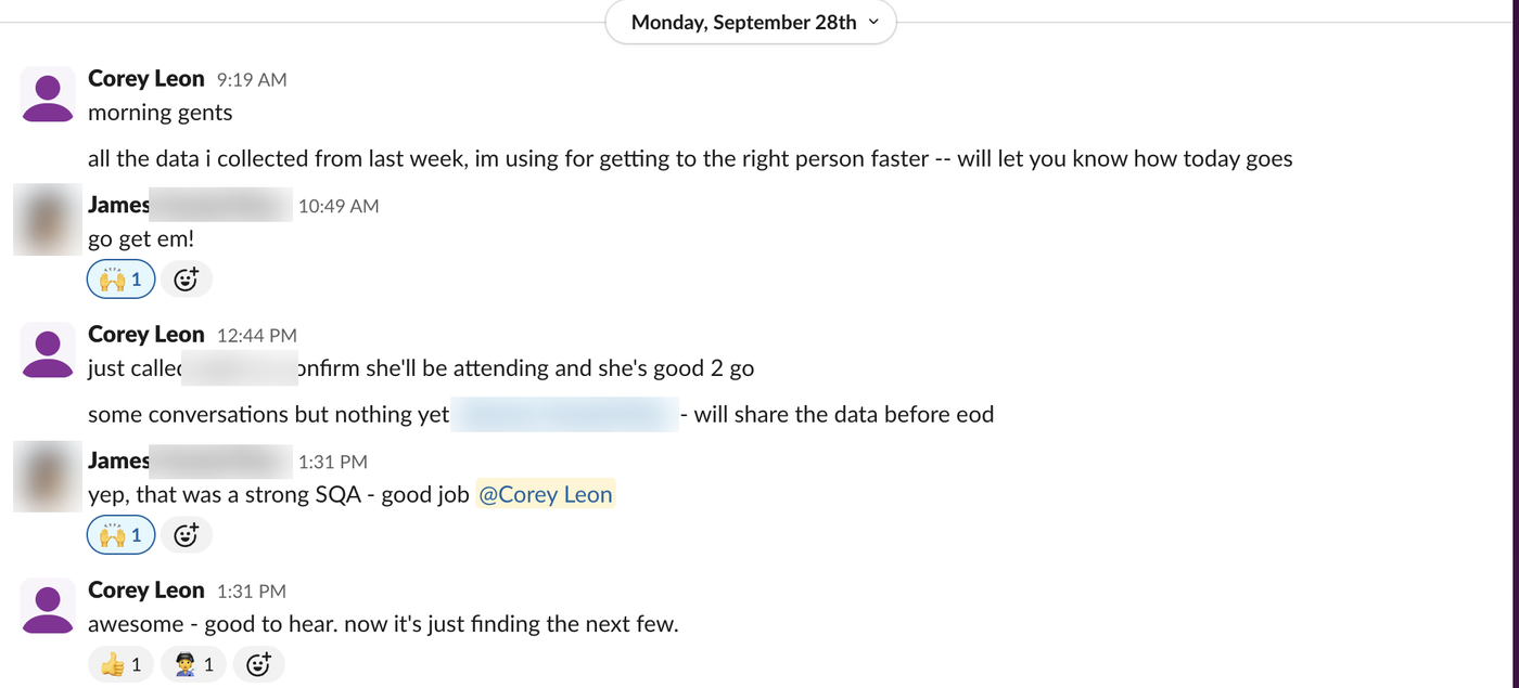 Screenshot of a real Slack message, Sep 28, 2026, with names and faces blurred
