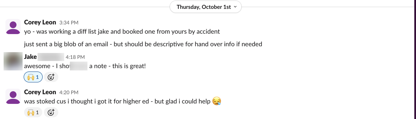 Screenshot of a real Slack message, Oct 1, 2026, with names and faces blurred