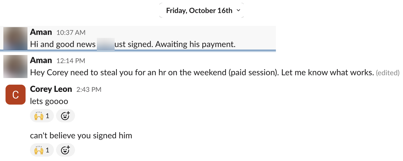 Screenshot of a real Slack message, Oct 16, 2026, with names and faces blurred