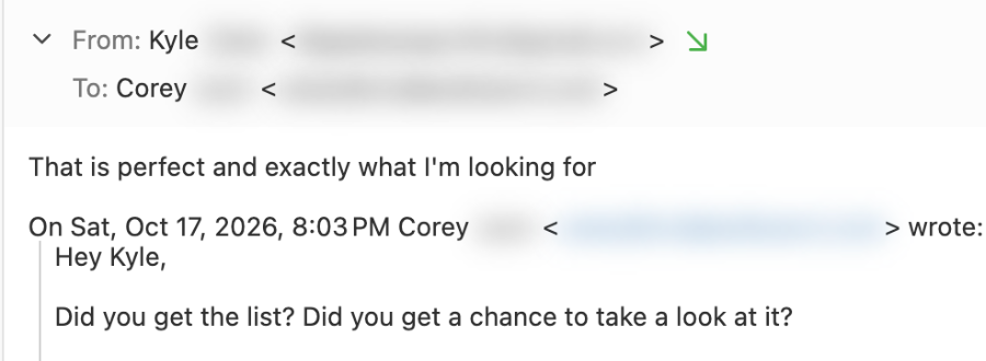 Real email, Oct 19, 2026, names blurred