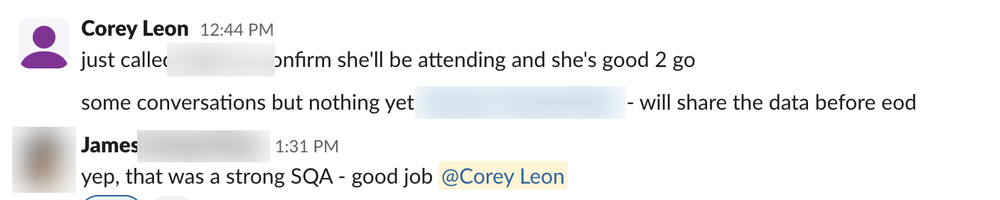 Real Slack message, Sep 28, 2026, names blurred